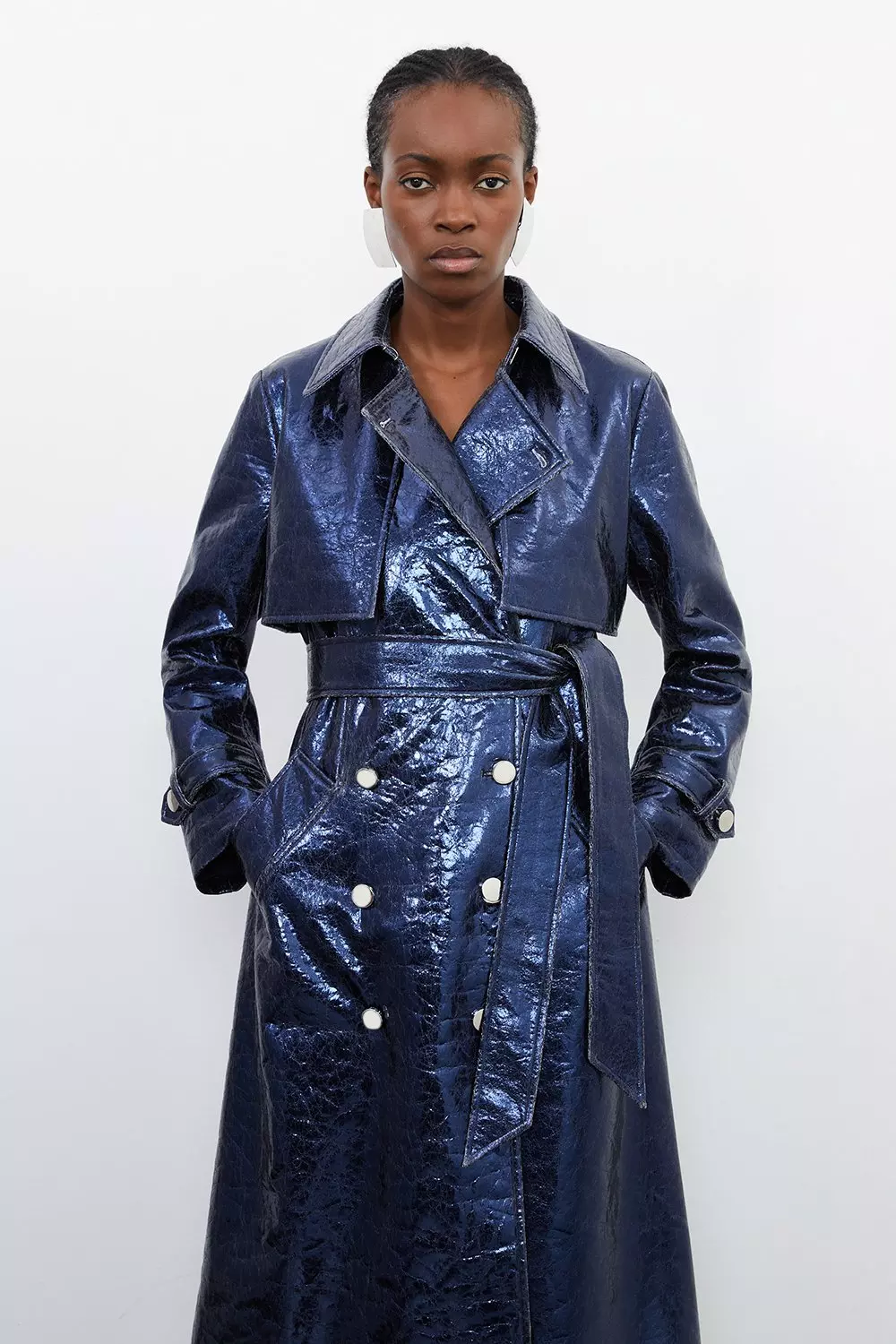 Metallic Faux Leather Belted Trench Coat Karen Millen